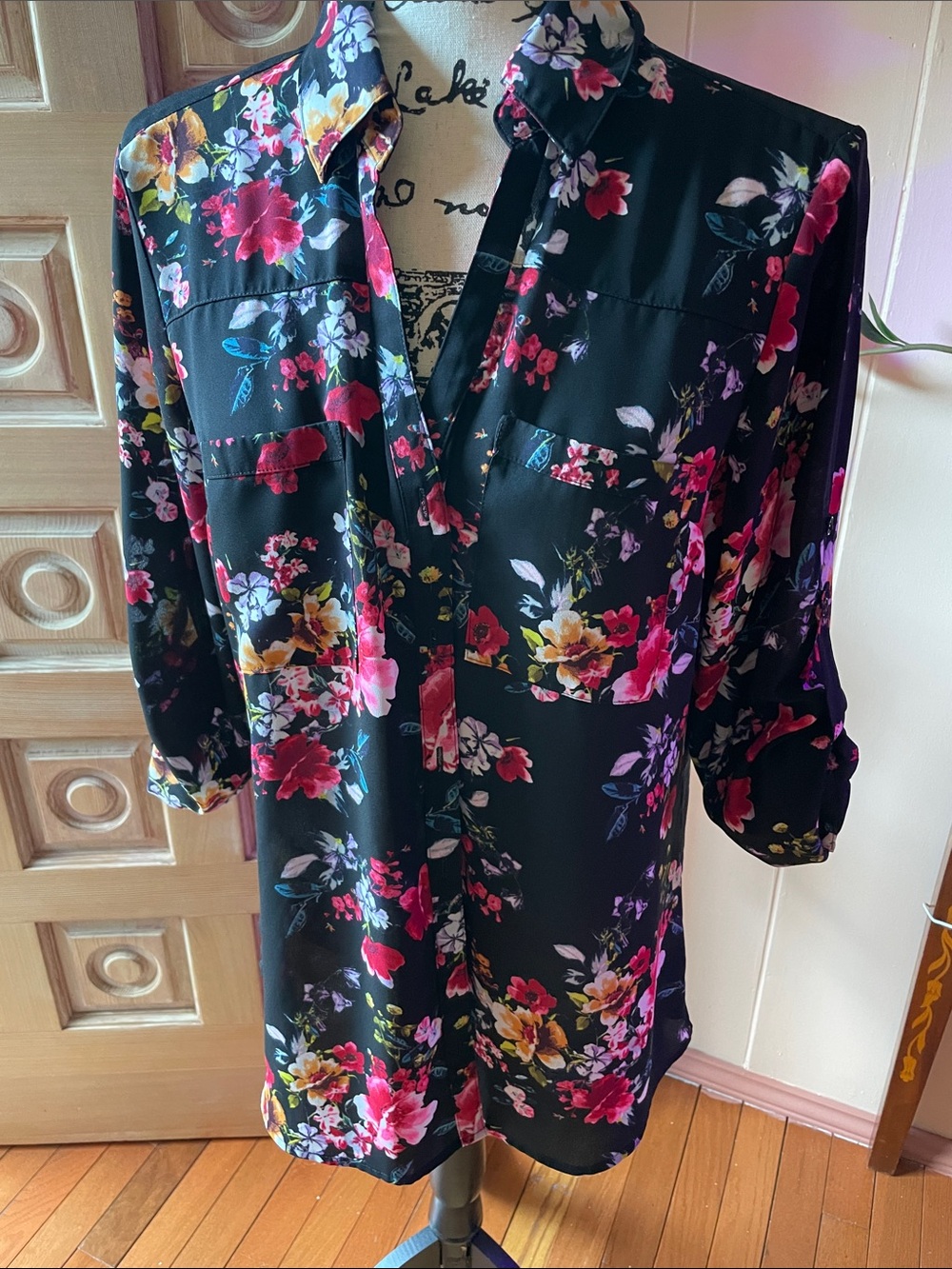 Express Black Button-Down Shirt with Pink, Yellow & Red Floral Print